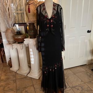 XSCAPE Sequence  and Beaded Floral (2) piece Set Silk Sheer Dress/Jacket